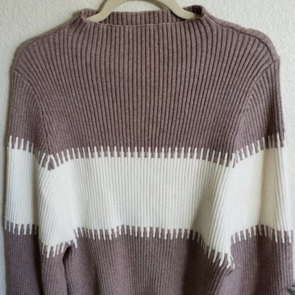 Nordstrom Mocha & Cream Mock Neck Ribbed Puff Sleeve Knit Sweater Soft size M - Picture 8 of 11